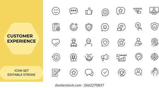 Iconos de la experiencia y de la satisfacción del Cliente fijados en estilo de la línea para el Web y el App móvil. Comentarios, calificación, me gusta, no me gusta, revisión, testimonio, evaluación del cliente, respuesta del usuario, Asistencia y más.