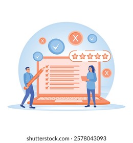 Customer experience and satisfaction. People fill out an online survey form, mark with a pencil, and get 5-stars. Customer Feedback concept. Flat vector illustration.