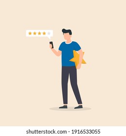 Customer Experience And Satisfaction, Positive Feedback, Product Or Service Review And Evaluation, Clients Leave Five Star Rating. Vector Illustration.