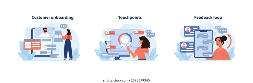 Conjunto de experiencia del cliente. Introducción de un proceso de internado sin problemas, análisis de puntos de contacto de viaje de clientes y participación de una mujer en circuitos de retroalimentación continuos. Optimización digital del usuario. Vector plano.