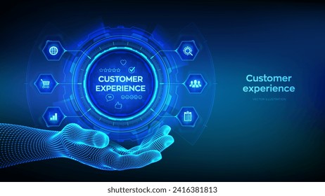 Customer Experience technology concept in wireframe hand. Customer Satisfaction Survey. Service experience rating online application. Satisfaction feedback review. Vector illustration.