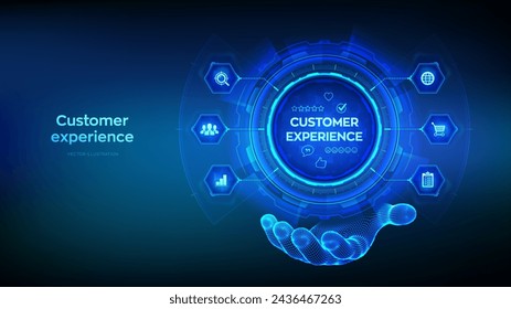 Customer Experience technology concept in wireframe hand. Customer Satisfaction Survey. Service experience rating online application. Satisfaction feedback review. Vector illustration.
