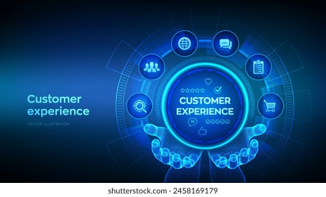 Customer Experience technology concept in wireframe hands. Customer Satisfaction Survey. Service experience rating online application. Satisfaction feedback review. Vector illustration.