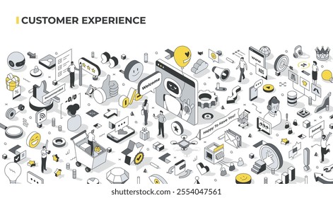 Customer Experience. Various scenes with tiny people depicting customer interactions with a brand and its influence on emotions and perceptions. Quality, satisfaction, loyalty, branding, impressions