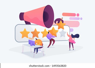 Customer experience and website feedback. Five stars client review. PR and promotion campaign. Rating scale, high-ranking, top-ranking concept. Vector isolated concept creative illustration