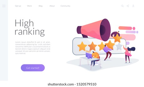 Customer experience and website feedback. Five stars client review. PR and promotion campaign. Rating scale, high-ranking, top-ranking concept. Website homepage header landing web page template.