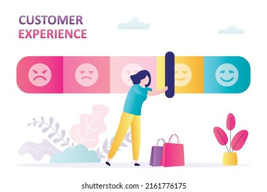 Customer experience. Woman moves slider on measurement scale. Positive feedback, online survey. Testimonials, high rank. Good quality product or service. Indicator shows level of satisfaction. Vector