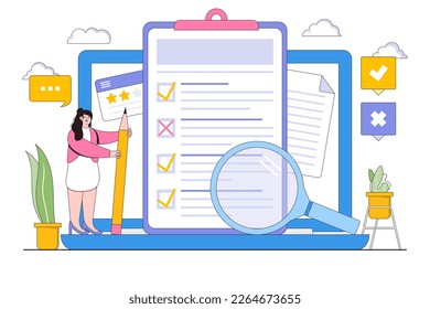 Customer experiences and satisfaction concept with people character. Woman filling test in customer survey form and putting check mark on checklist. Suitable for landing page, web banner, hero images.