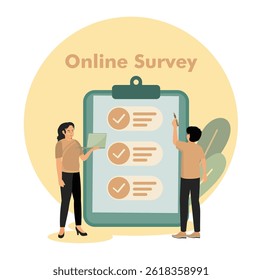 Customer Experiences and Satisfaction Concept. Woman and Man Filling Test in Customer Survey Form and putting Check Mark on Checklist. Flat vector modern illustration  