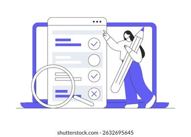 Customer experiences and satisfaction concept. Woman filling test in customer survey form and putting check mark on checklist. Flat Cartoon Vector Illustration, icon. Stylish abstract design landing 