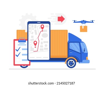 Customer fast delivery goods and service tracking app. Retail truck transportation products distribution