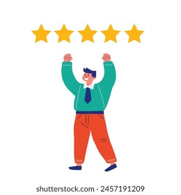 Comentarios Cliente, 5 estrellas. El hombre feliz de la historieta se regocija en las estrellas de oro. Ilustración vectorial plana. Aislado en blanco.