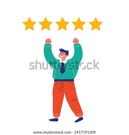 Customer feedback, 5 stars. Cartoon happy man rejoice at the gold stars. Flat vector illustration. Isolated on white.