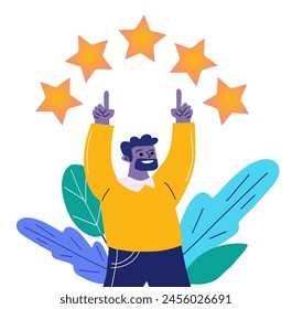 Customer feedback, 5 stars. Man points fingers up at stars. Flat vector illustration. Isolated on white.