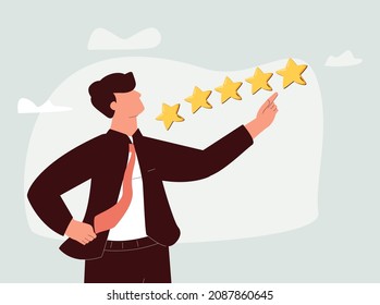 Kundenfeedback 5 Sterne Bewertung, beste Qualität, hervorragende Leistungsbewertung, positives Ranking oder Business-Ruf und Zufriedenheit-Konzept, vertrauensvolles Business-Personal, das 5 Sterne bewertet.