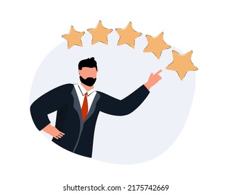 Customer feedback 5 stars rating, best quality, excellence high performance evaluation, positive ranking or business reputation and satisfaction concept, confidence businessman giving 5 stars rating.