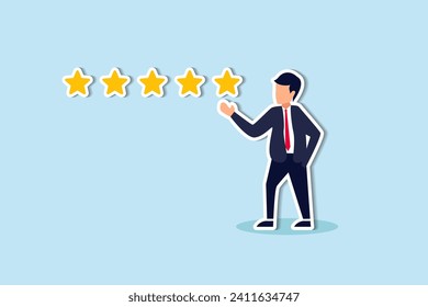 Customer feedback 5 stars rating, best quality, excellence high performance evaluation, positive ranking or business reputation and satisfaction concept, confidence businessman giving 5 stars rating.