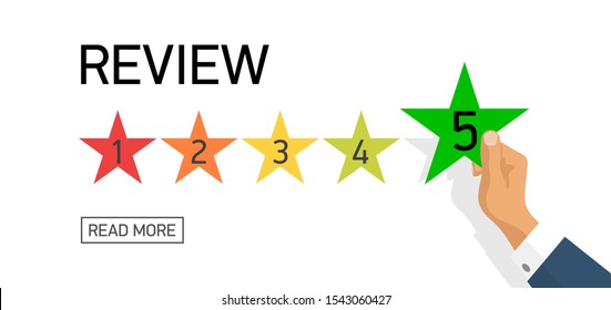 Customer feedback 5 stars scale isolated on white background. Online consumer Review 5 yellow stars with businessman hand. Excellent User experience feedback. Rank,survey level satisfaction rating app