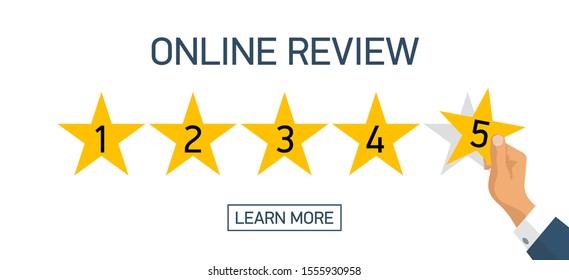 Customer feedback 5 stars scale isolated on white background. Online consumer Review 5 yellow stars with businessman hand. Excellent User experience feedback. Rank,survey level satisfaction rating app