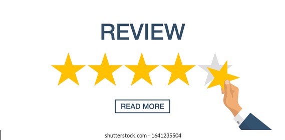 Customer feedback 5 stars scale isolated on white background. Online consumer Review 5 yellow stars with businessman hand. Excellent User experience feedback. Rank,survey level satisfaction rating app