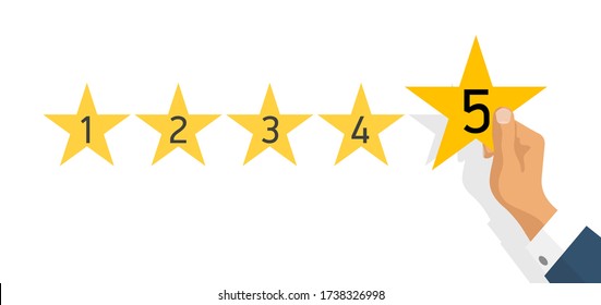 Customer feedback 5 stars scale isolated on white background. Online consumer Review 5 yellow stars with businessman hand. Excellent User experience feedback. Rank,survey level satisfaction rating app