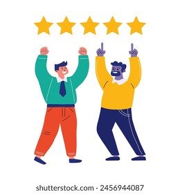 Customer feedback, 5 stars. Two cartoon happy men rejoice at the stars. Flat vector illustration. Isolated on white.