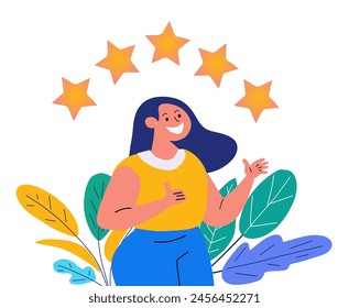 Customer feedback, 5 stars. Woman woman rejoices at the stars. Flat vector illustration. Isolated on white.