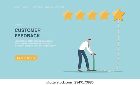 Сoncept of customer feedback about product and service quality, user satisfaction and experience, appraisal rank, man pumps star in five-star rating. Vector illustration for poster, website, banner.