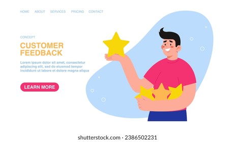 Comentarios de los clientes sobre la calidad de los productos y servicios, calificación de cinco estrellas, retroalimentación positiva del servicio, experiencia, calificación de evaluación, satisfacción del usuario. Banner web, infografía, página web con un hombre con estrellas.