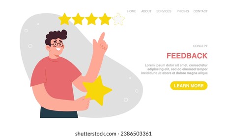 Customer feedback about product or service quality, five star rating, positive service feedback, experience, evaluation rank, user satisfaction. Web banner, infographic, web page with man gives rating