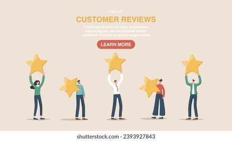 Customer feedback about product or service quality, five star rating, positive service feedback, user experience, evaluation rank concept, user satisfaction. Web banner, poster with people hold stars.