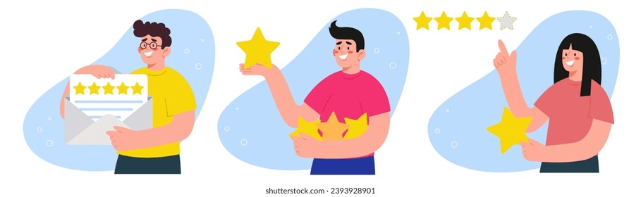 Customer feedback about product or service quality illustration set. five star rating, positive service feedback, user experience, evaluation rank concept, user satisfaction. Сharacters leave review.