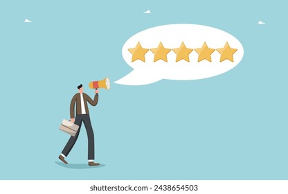 Customer feedback about product or service quality, positive service feedback, experience, evaluation rank, user satisfaction, speech bubble with five-star rating comes out of loudspeaker.