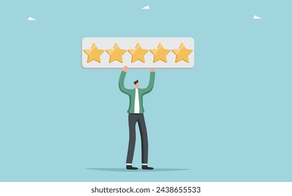 Customer feedback about product or service quality, five star rating, positive service feedback, experience, evaluation rank, user satisfaction, man holding a sign with a five star rating.