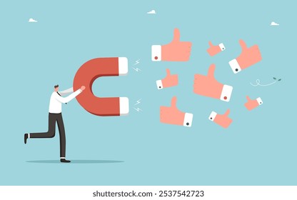 Customer feedback about product or service quality, five star rating, positive service feedback, experience, evaluation rank, user satisfaction, man uses magnet to attract thumbs up.