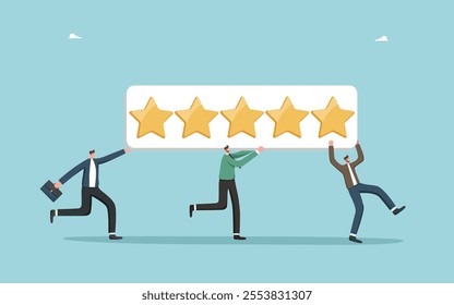 Customer feedback about product or service quality, five star rating, positive service feedback, experience, evaluation rank, user satisfaction, men running with sign with a five star rating.