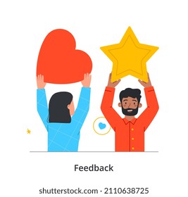 Concepto abstracto de comentarios del cliente. Hombre y mujer sosteniendo en sus manos una gran estrella y un corazón rojo. Evaluación positiva del servicio o producto por parte de los usuarios. Ilustración vectorial plana moderna de dibujos animados