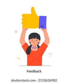 Customer Feedback abstract concept. Young woman holds sticker with her finger up and smiles. Satisfied user gives positive rating to product or service. Cartoon modern flat vector illustration