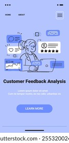 Customer feedback analysis concept doodle style woman analyzing data on laptop with charts stars and messages blue background mobile app screen