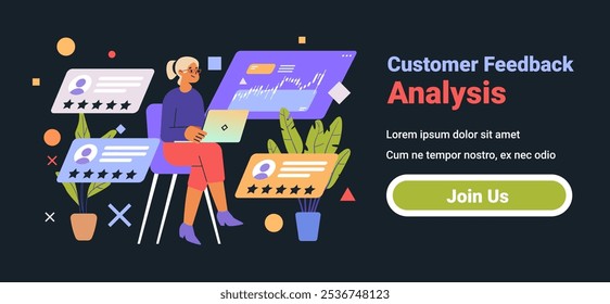 Customer feedback analysis concept woman laptop rating charts dark background plants modern design