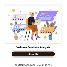 Customer feedback analysis woman reviewing ratings charts. Person sitting with laptop analyzing data surrounded by graphs and reviews. Business concept landing page