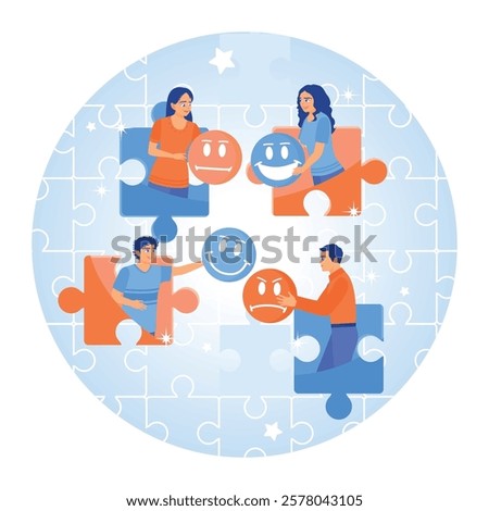 Customer feedback assessment. People collaborate to assemble puzzle pieces with emotional icons. Customer Feedback concept. Flat vector illustration.