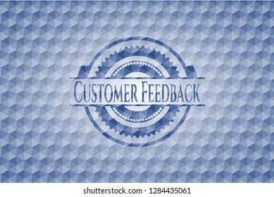 Customer Feedback blue emblem or badge with abstract geometric polygonal pattern background.