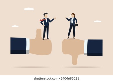 Feedback von Kunden oder geschäftliche Entscheidungen, Meinungs- oder Dienstleistungsqualitätskonzept, nachdenkliche Teamdiskussion von Geschäftsleuten, Daumen und Daumen auf Feedback.