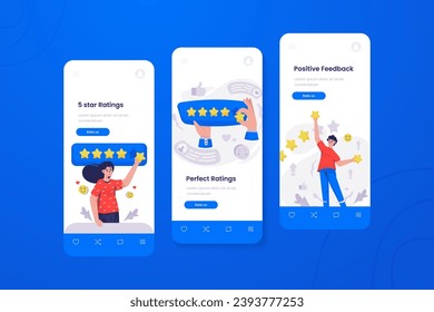 Customer feedback by leaving a five star rating illustration on onboard mobile ui screen design