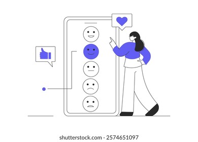 Customer feedback. Character Woman choosing smile with good emotion for client experience evaluation. Flat Cartoon Vector Illustration, icon. Stylish abstract 