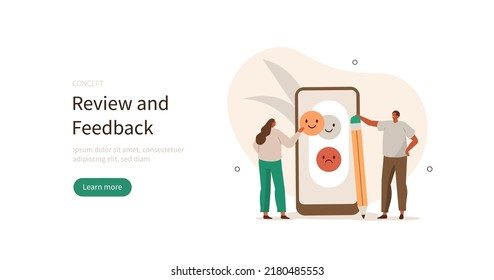 Comentarios de los clientes. Caracteres eligiendo emoji para mostrar la satisfacción y dejando revisión. Concepto de experiencia de usuario. Ilustración vectorial.