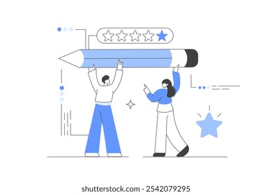 Customer feedback. Characters holding Big pencil and asking for positive review. Customer service. 5 stars. Vector Illustration, icon. Stylish, Minimalist line, abstract