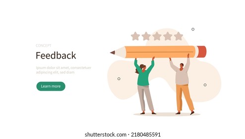 Customer feedback. Characters holding pencil and asking for positive review. User experience concept. Vector illustration.