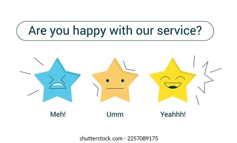 Customer feedback chart with three stars emoji characters. Different reactions, bad, neutral, and good. Vector cartoon illustration. Online rating. 